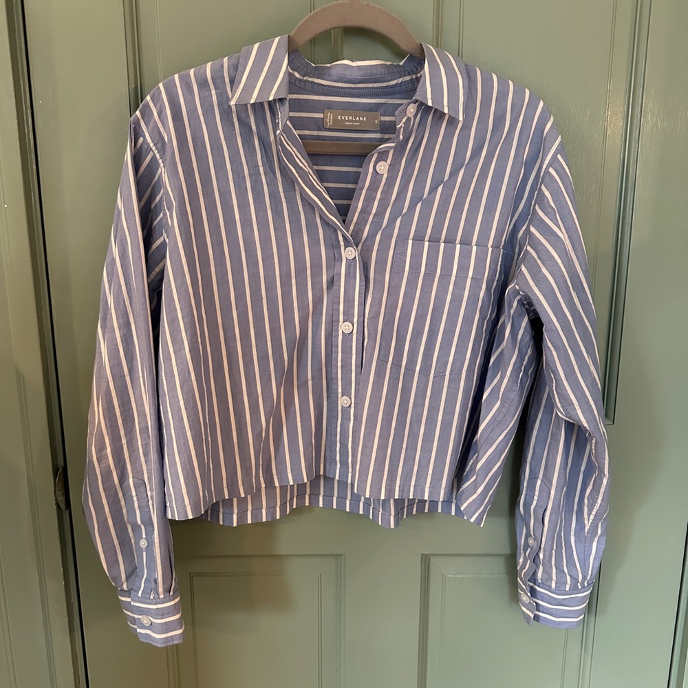 Everlane Blue and White Striped Cropped Button Down Shirt Size S WORN TWICE